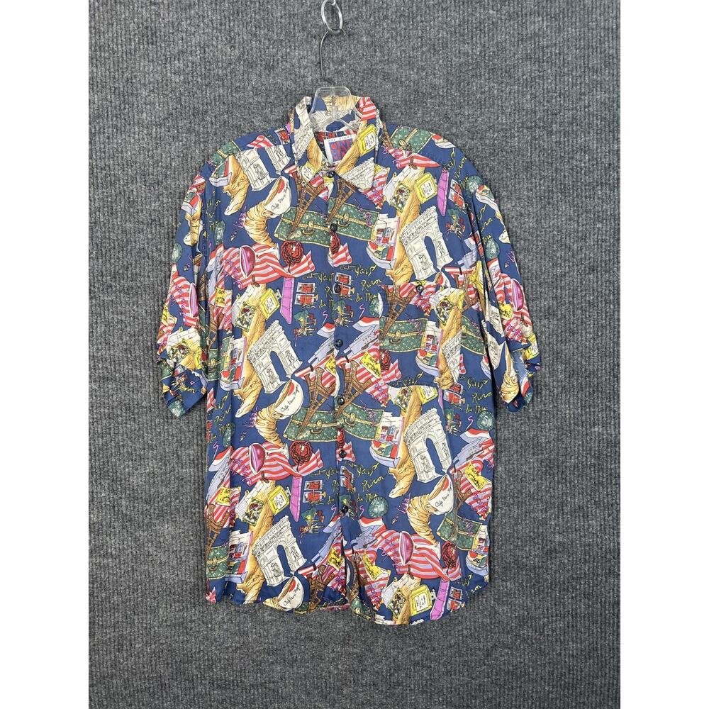 Vintage One Eight Hundred Button Up Shirt Medium Silk French Cafe All Over Print